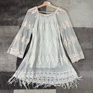 Contrast Cream Lace Mesh Boho Tunic Top Womens Size Large Fringe Cottagecore